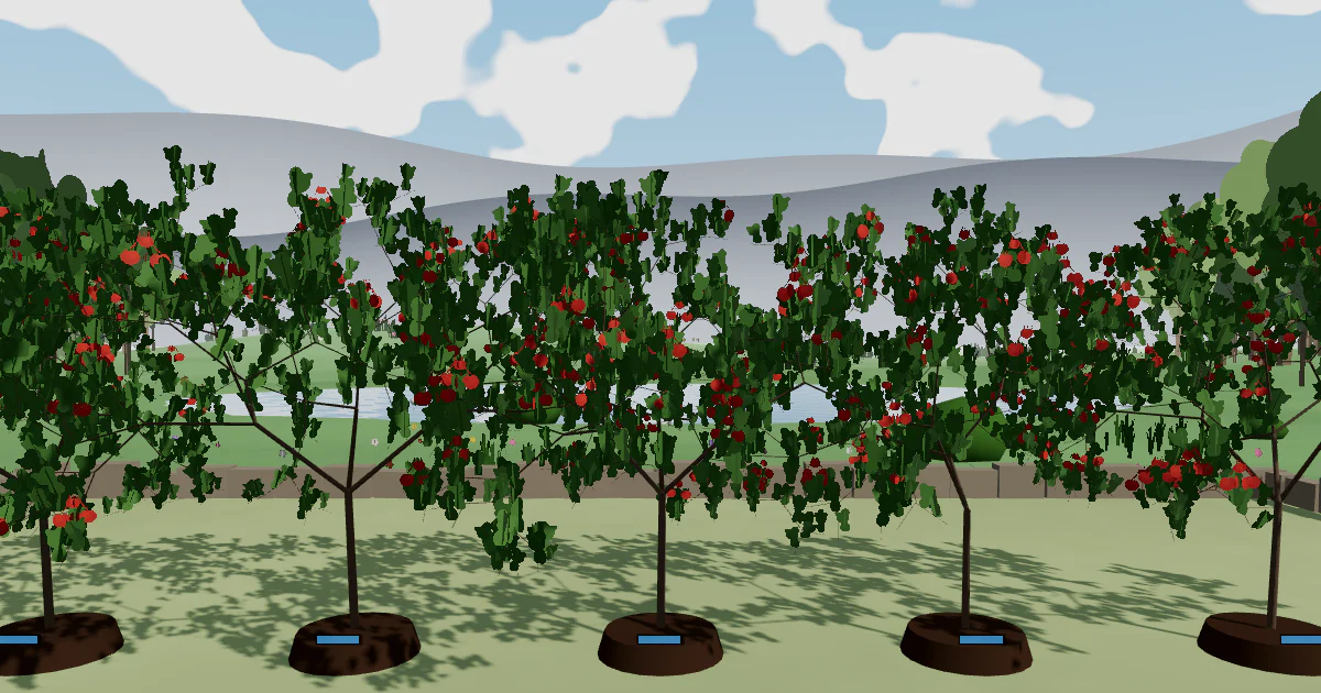 A row of fractal fruit trees heavy with red fruit, planted in mounds of soil against rolling hills and a cloudy sky.