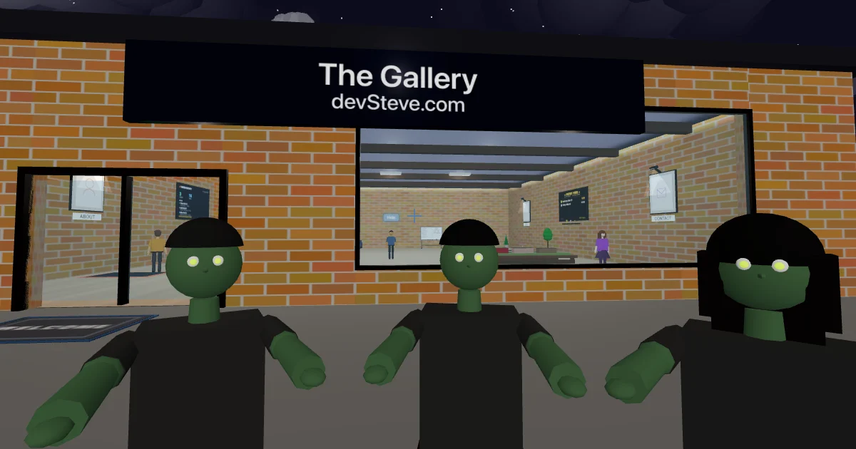 Three friendly zombies with glowing eyes greet you outside The Gallery at night, with the warmly lit gallery visible through the front window.