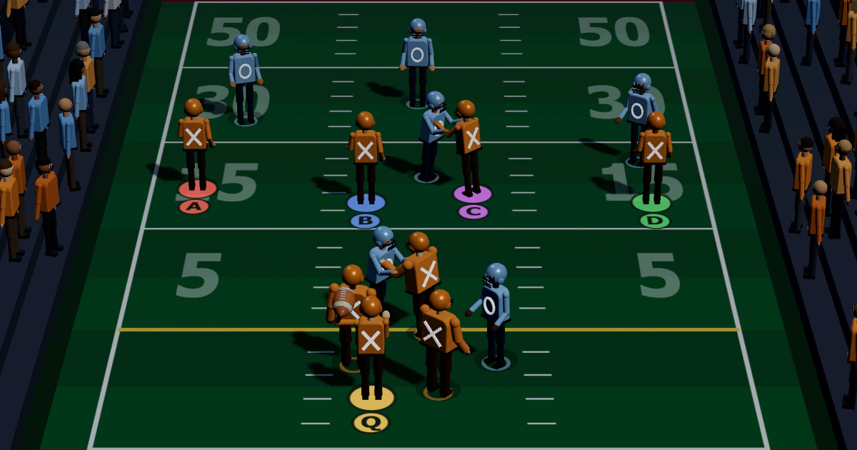 A 3D football field seen from the stands, with X and O players lined up at the line of scrimmage and lettered receiver markers on the turf.