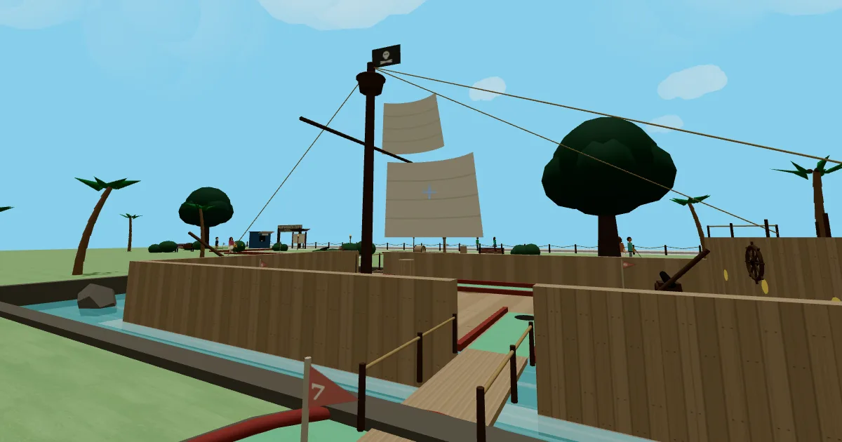 A walkable 3D pirate mini golf course, with a boardable pirate ship floating in a lagoon.
